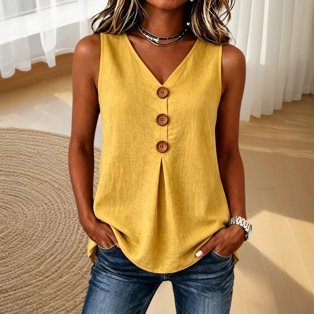Women's Casual V Neck Sleeveless Button Front Top Linen Blend Relaxed Fit Summer Blouse Lightweight Breathable Fabric
