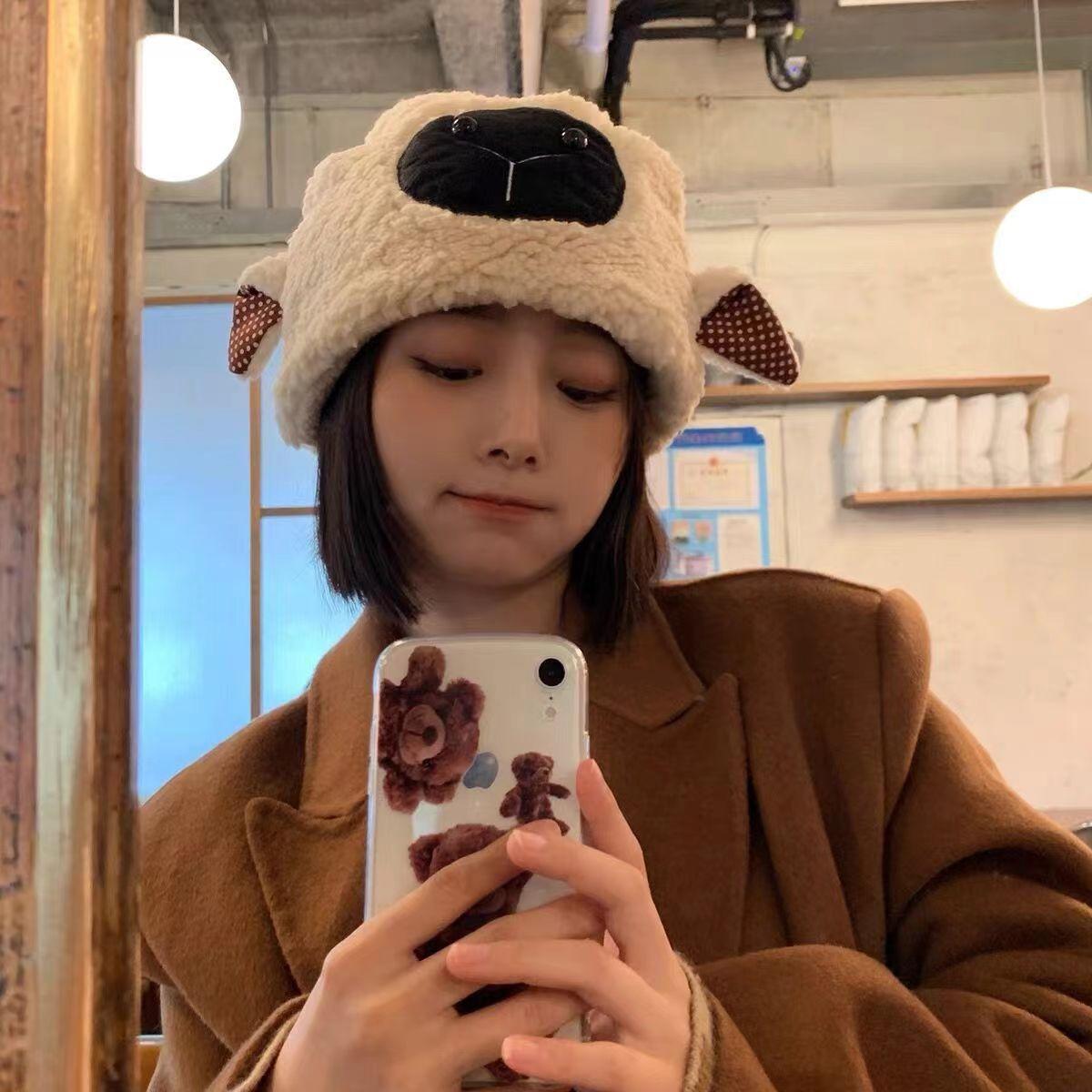 

New sweet and cute ears sheep hat women s winter warm ear protection lamb plush pullover hat One Size верблюд