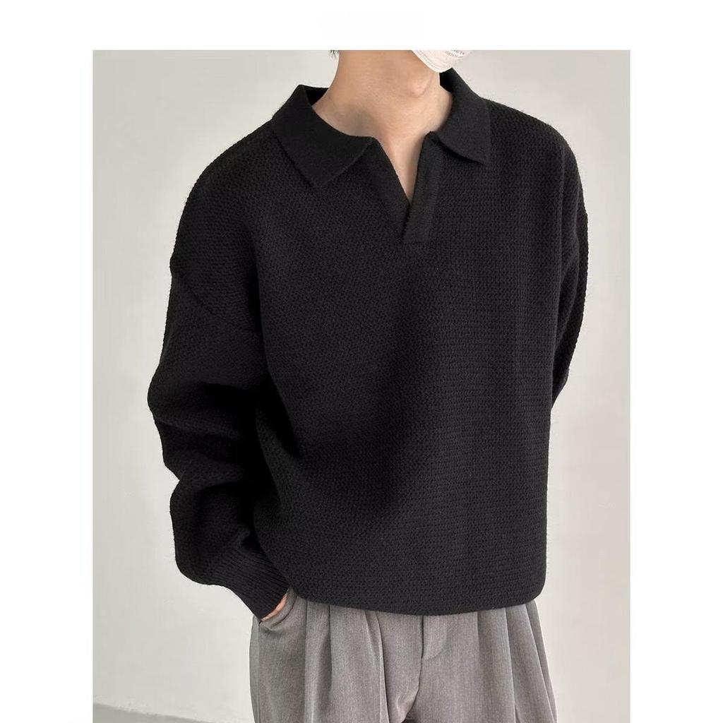 Men's Solid Color V-Neck Polo Sweater - Thick Knit, Long Sleeve, Spring/Autumn Top