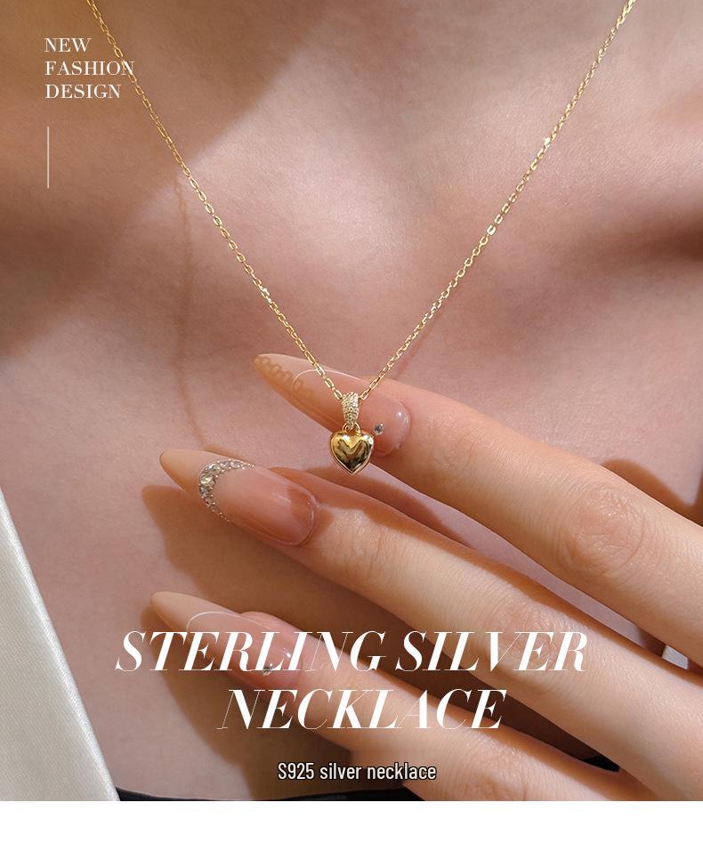 925 Sterling Silver Heart Pendant Necklace with Diamond Inlay - Elegant & Versatile Clavicle Chain for Women