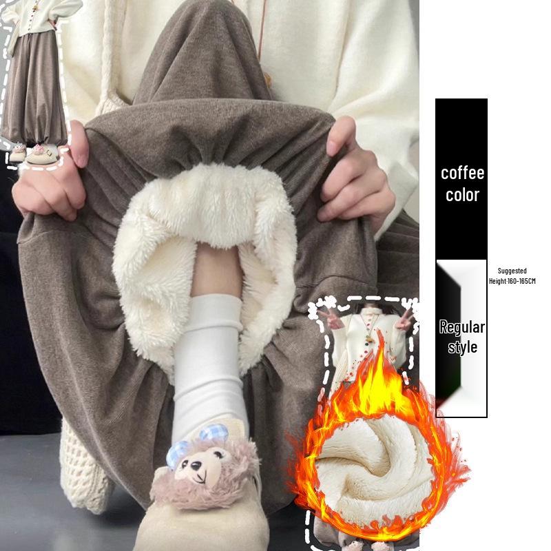 

Women s High Waist Slim Lamb Wool Skirt Pants - Plus Velvet, Gray, Wide Leg, Autumn/Winter Medium