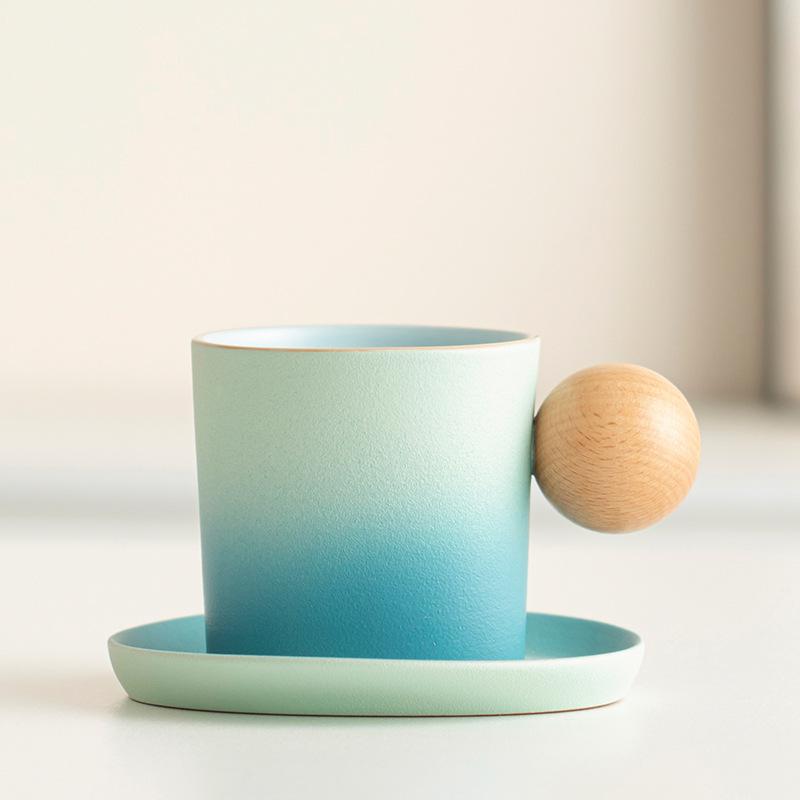 Gradual change ceramic coffee cup and saucer set creative wooden handle coarse pottery high value afternoon teacup retro latte cup