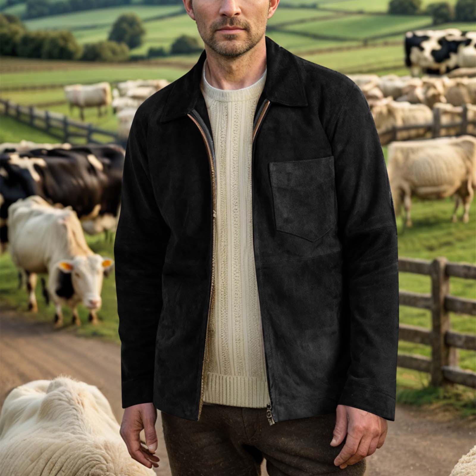 

Men s Solid Color Suede Casual Slim Fit Jacket With Pockets Lapel Zipper M