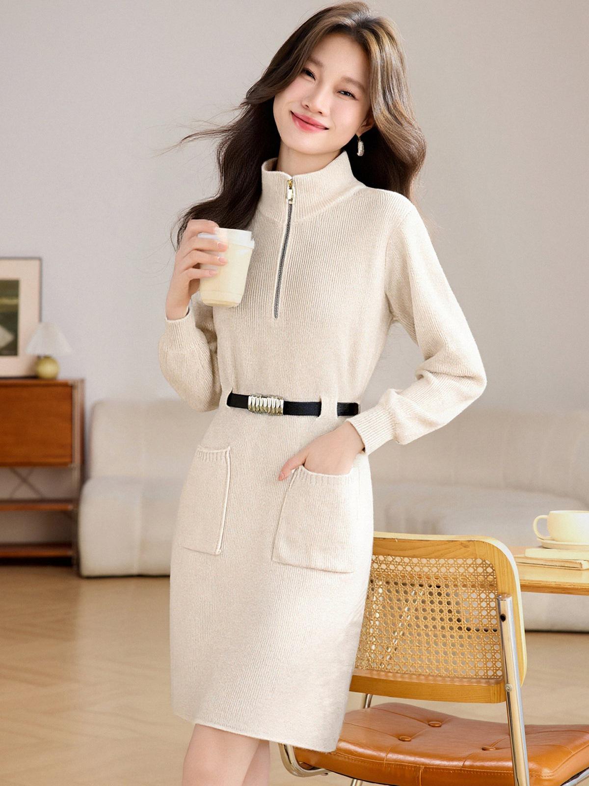 

Korean Style Red Knit Zipper Dress for Women - Autumn/Winter 2025 S 85-95 lbs абрикосовый