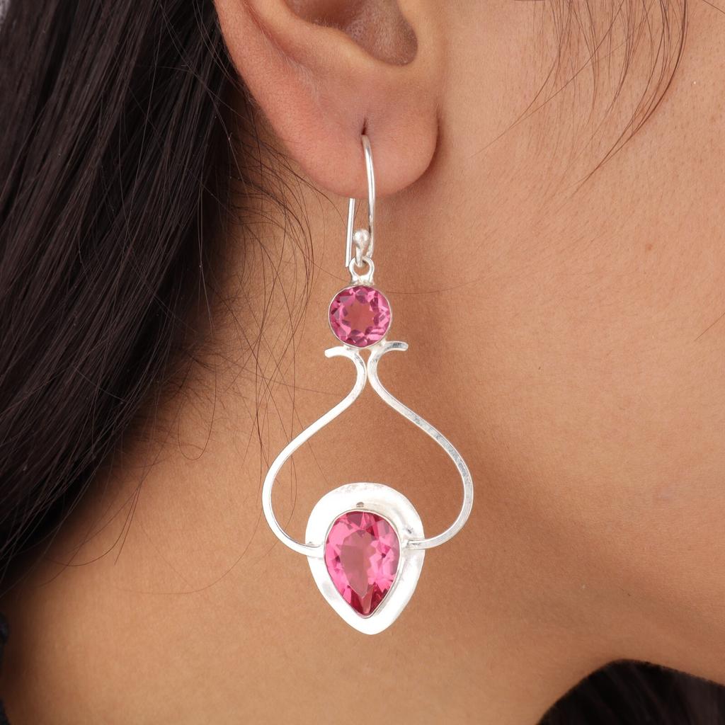 Natural Pink Tourmaline Gemstone 925 Stamped Silver Handmade Hook Earrings 2.07" EE-170-7