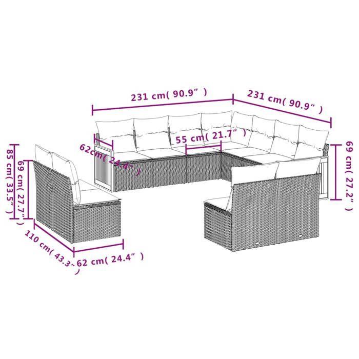 VidaXL Salon de Jardin avec Coussins 11 pcs, Canapés de Terrasse, Ensemble de Meubles de Patio, Mobilier d'Extérieur, Beige 3227767