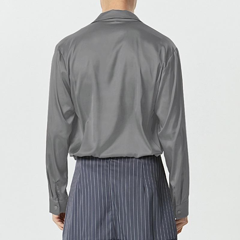 Autumn French-style Men's Lightweight Silk Shirt Commuting Flared Collar Long-sleeved Casual Loose-fit Shirt