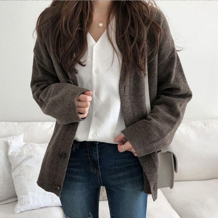 

Autumn and winter new solid color sweater cardigan women s clothing fashion and thin versatile collar button knitted sweater jacket women one size fits all темно-коричневого