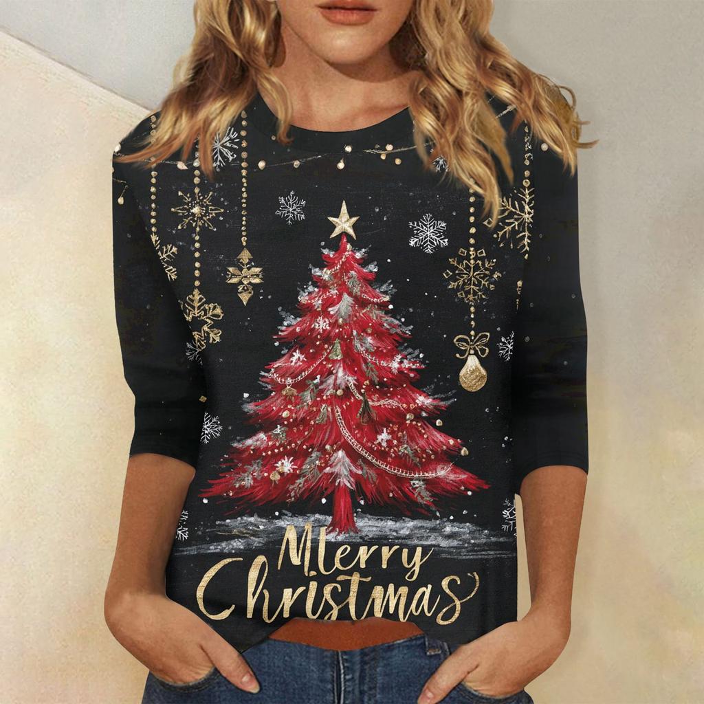 3/4 Sleeve Shirts For Women Print Christmas Tees Blouses Casual Plus Size Basic Tops Pullover
