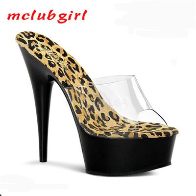 Women's Shoes Leopard Print Fish Mouth Transparent Sandals Thin Heel Dance Shoes 15cm Heel 5cm Platform YKC