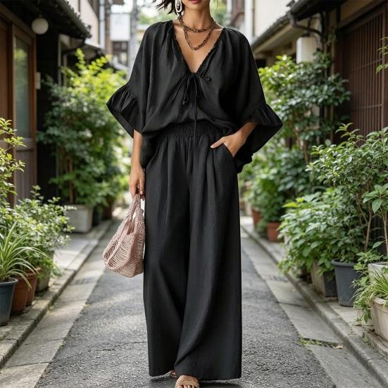 Conjuntos de Verano de 2 Piezas para Mujer, Top con Volantes de Media Manga y Cuello en V a Juego con Pantalones de Pierna Ancha, Conjuntos de Salón para Vacaciones con Bolsillos