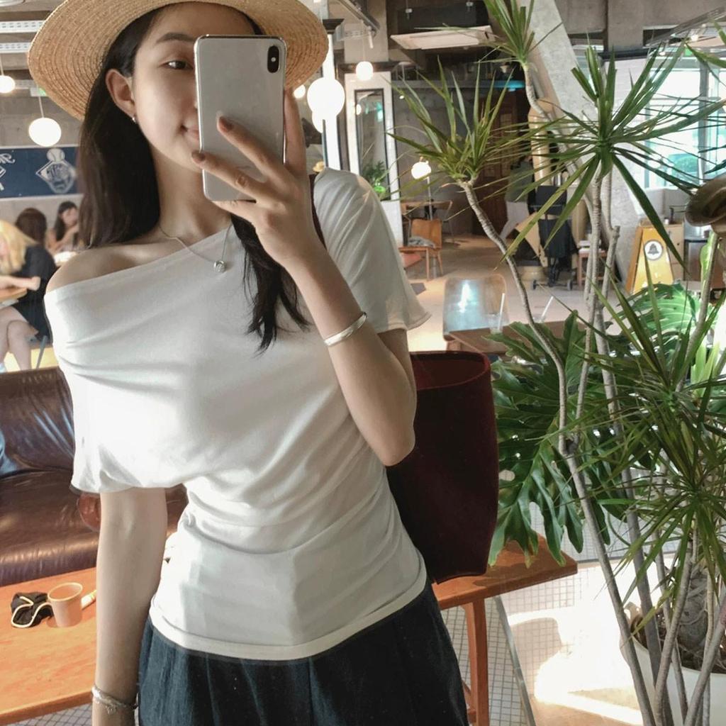 Summer Pure Desire One Shoulder Black Short Sleeve Women's T-shirt Korean Style Slimming Top Exposed Shoulder Fashionable