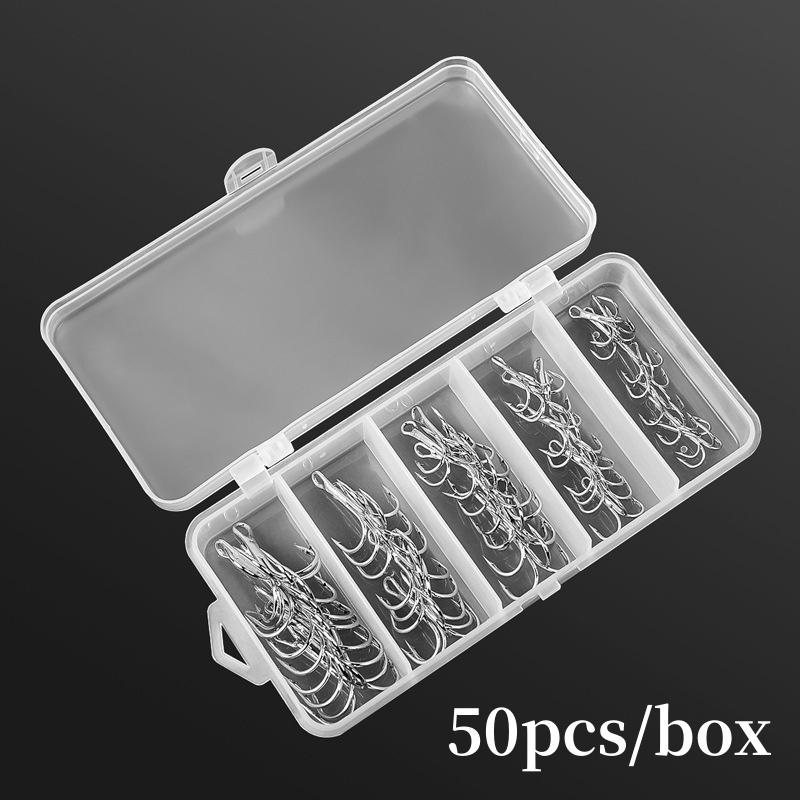 50Pcs/box Treble Fishing Hook Fishing Hook High Carbon Steel Treble Overturned Hooks Fishing Tackle Round Bend Treble