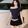 2025 Pure & Sexy Slanted Off-Shoulder Crop Top: Short Sleeve, Slim Fit, Versatile Women's Summer Tee