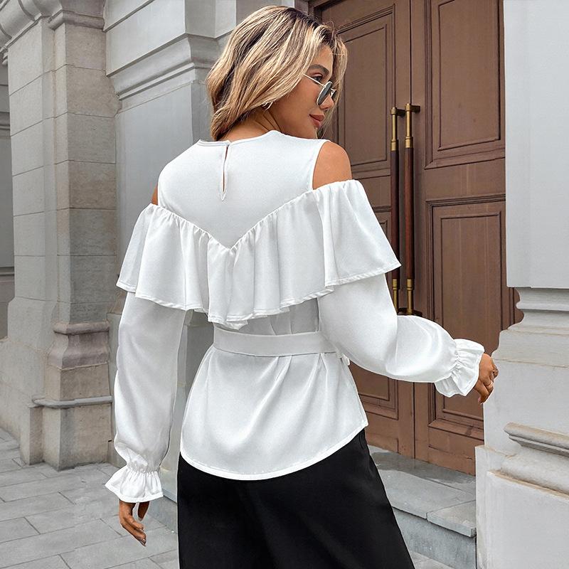 Womens Cold Shoulder Ruffle Trim Blouse Tie Waist Curved Hem Long Sleeve Shirts Casual Slim Fit Crew Neck Solid Tops
