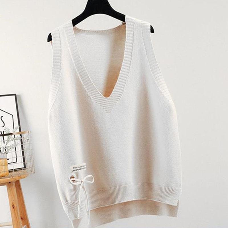 

Жилет-свитер, женский трикотажный жилет без рукавов с V-образным вырезом, однотонный трикотажный свитер, повседневный трикотажный жилет, свитер с разрезом L бежевый