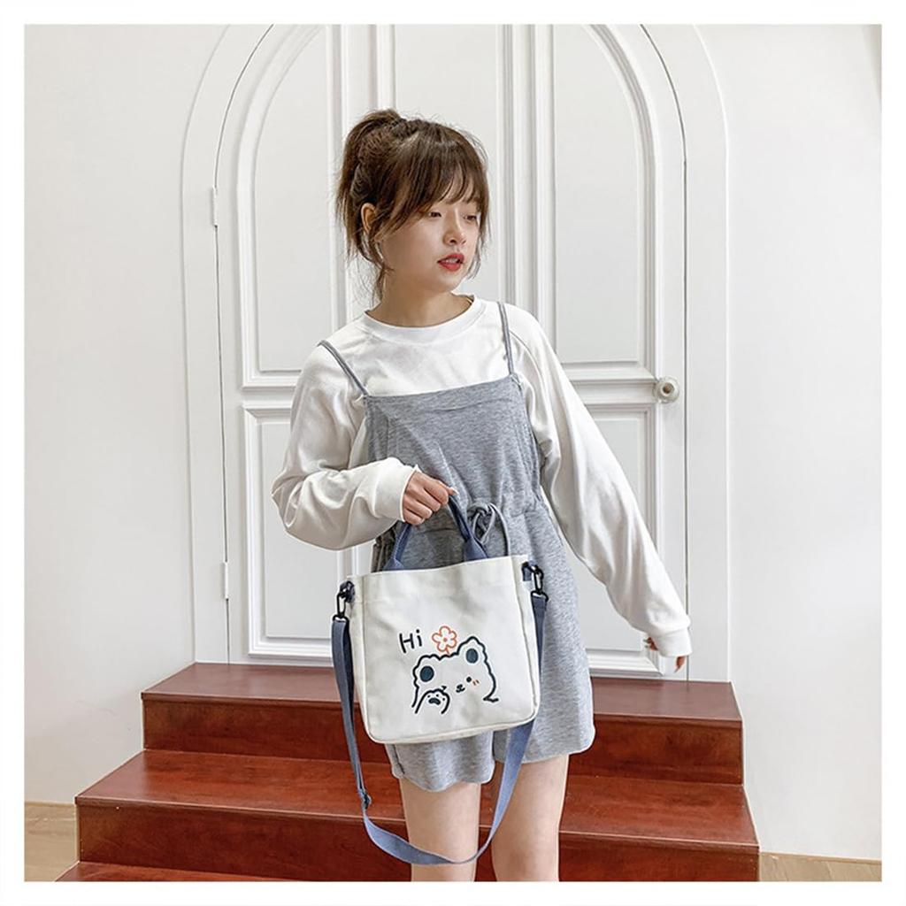 Huimei Women's Canvas Tote Bag, 2-Way Shoulder Bag, Cute Canvas Fabric, Large Capacity, Lightweight, Perfect for Commuting to Work or School (White A)