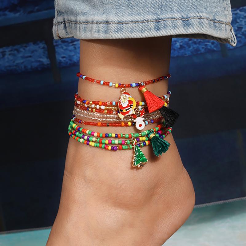 10pcs/set Christmas Elk Santa Claus Pendant Anklet for Women Girls Handmade Beaded Ankle Bracelets New Year Jewelry Gifts
