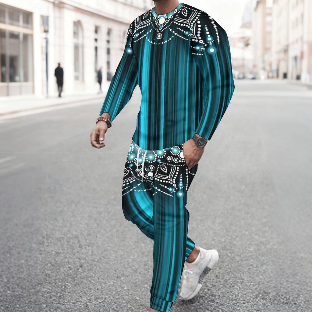 Men Blue Galaxy Starry Light Trail Print Long Sleeve Sweatshirt Jogger Pants Two Piece Suit