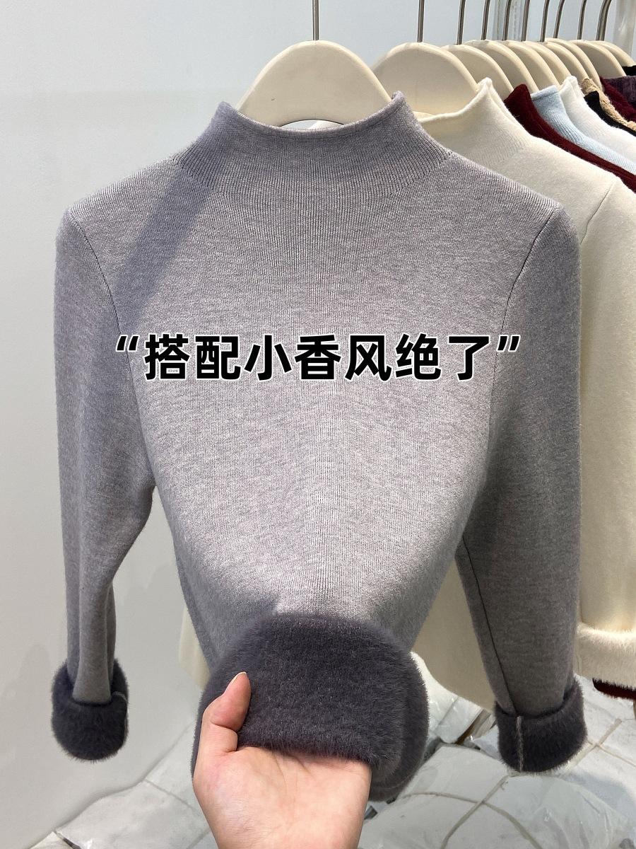 

Semi-turtleneck knitted sweater women s thickened integrated fleece warm inner top spring white bottoming shirt XL