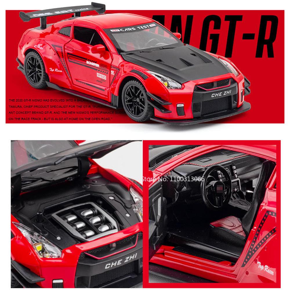 1:24 Alloy GTR Cars Models Diecasting Toys Light Music Miniature Vehicles Wheel Pull Back Sports Car for Kids Decoration Gifts