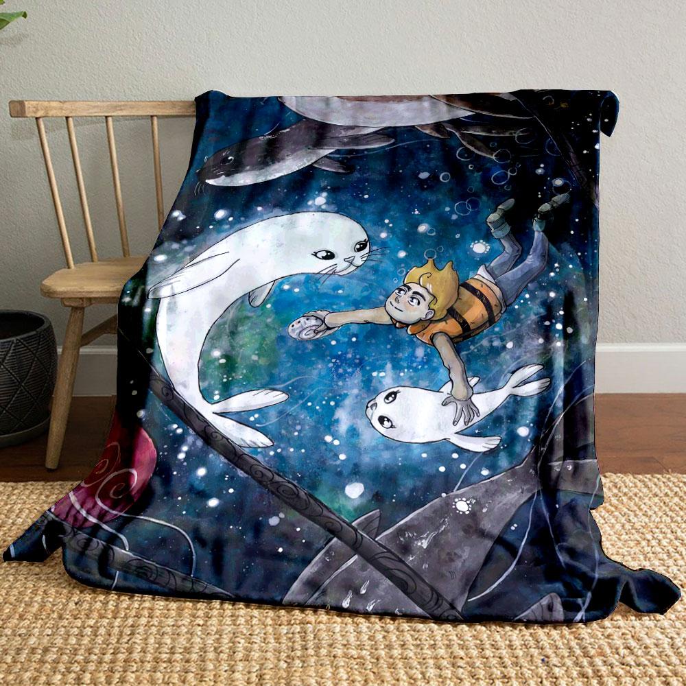 Ein Junge schwimmt unter Wasser mit Robben inmitten von Blasen und einem bunten Hintergrund. Decke für alle Jahreszeiten Mittagspause Überwurf Geschenk