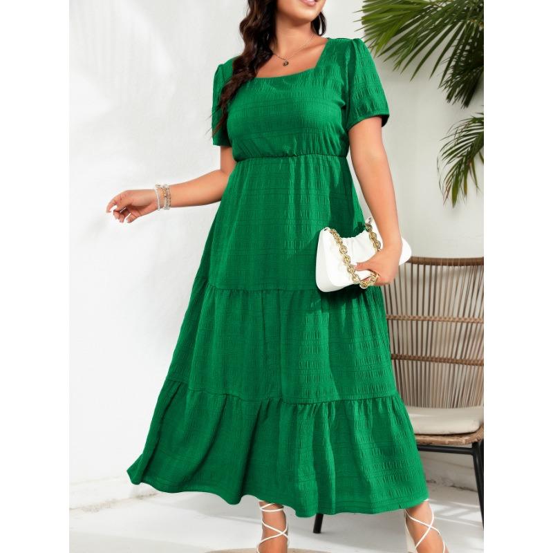 Bubble Sleeve Square Neck Back Drawstring Short Sleeve Pocket Dress