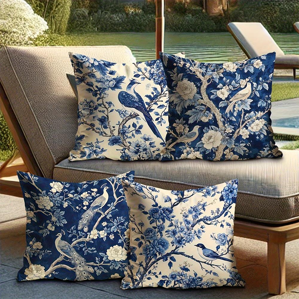 1/4pcs 2D Flat- Navy Blue Chinoiserie Peacock and Peony Floral Throw Pillow Cover Home outdoor decoration cushion cover