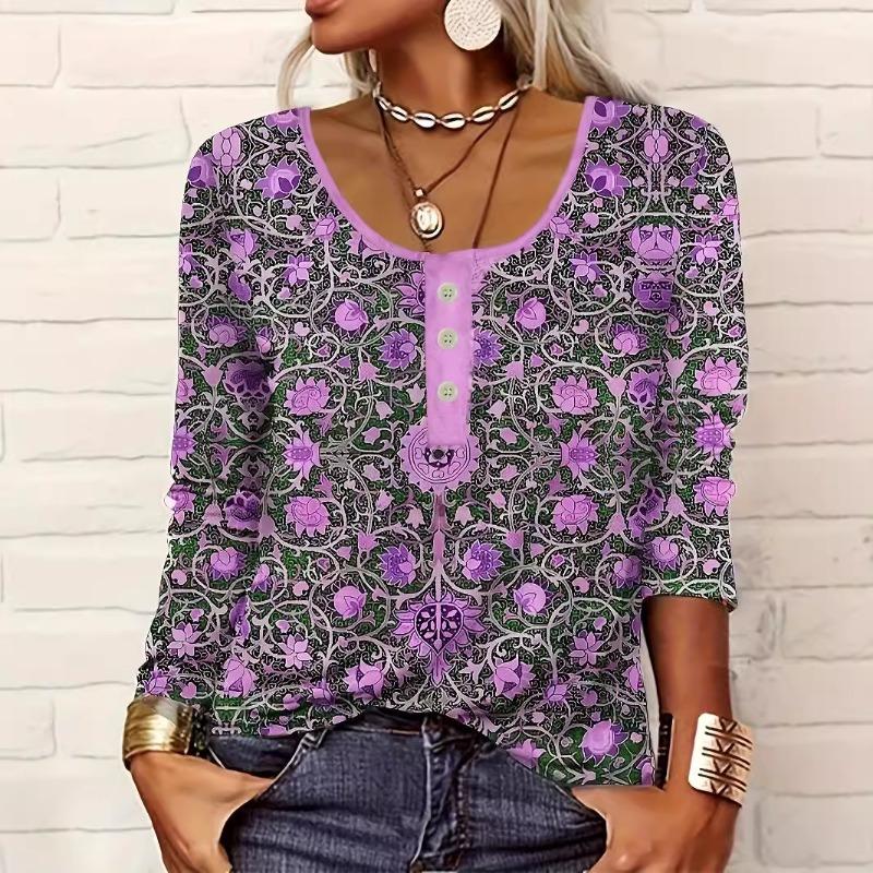 Women's V-neck Casual Ethnic Style Printed Button Up Oversized Women's T-shirt