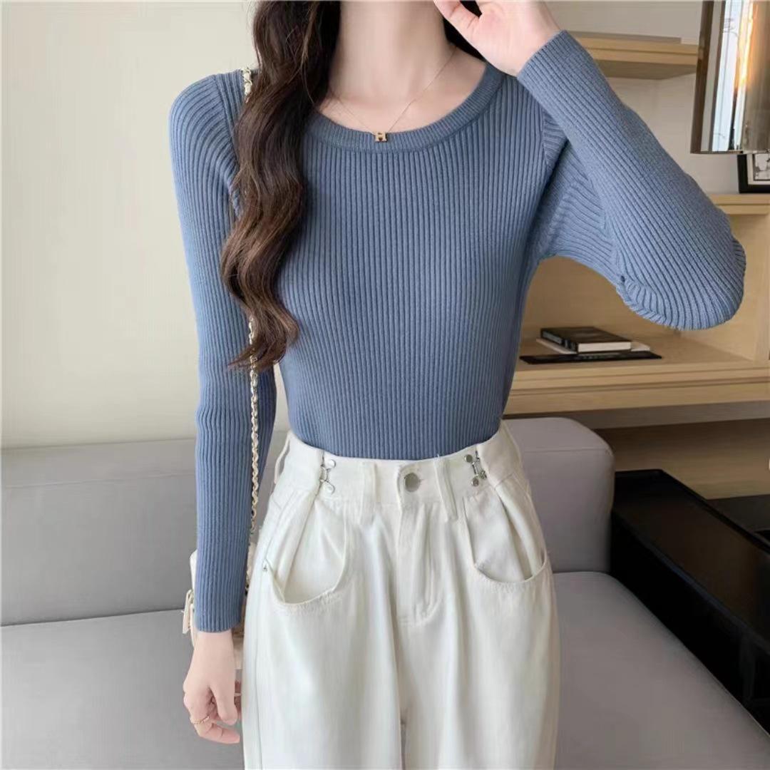 

Вязаный свитер облегающего кроя с длинным рукавом в французском стиле 2023 года - Женский топ с круглым вырезом на весну/осень One Size