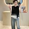Black Fake Two Piece Loose Five Sleeve Shirt For Women Plus Size Summer Slimming Top