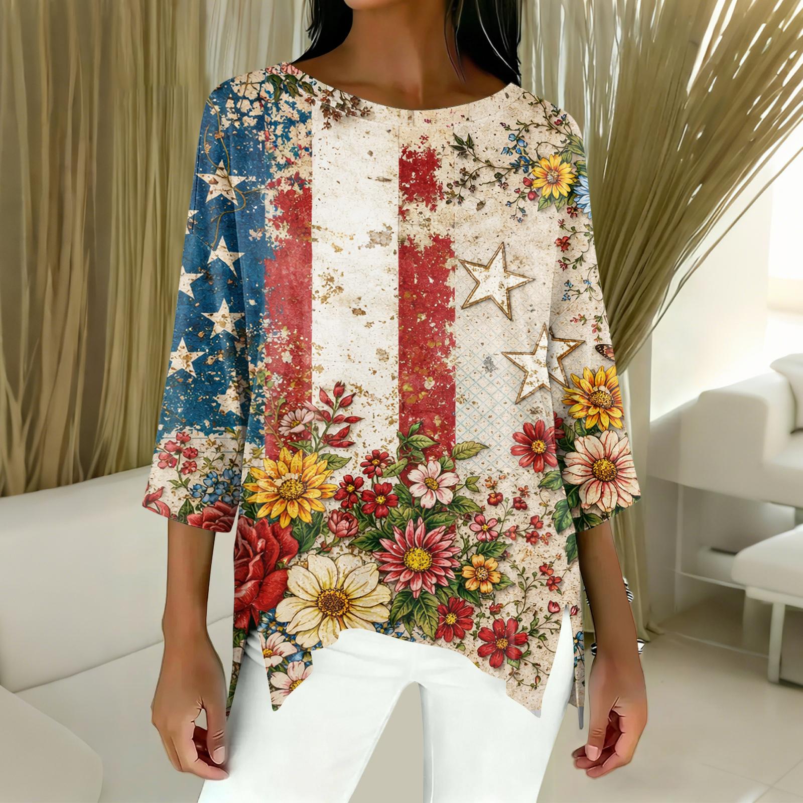 Women s Fashion Independence Day Print Three-Quarter Sleeve Top L