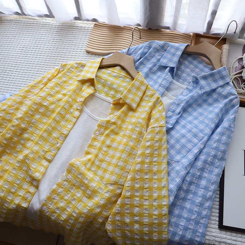 

[Bi Zheng] 2025 Korean Summer Fashion Two-Piece: Plaid Long Sleeve Shirt & Camisole Set for Women One Size