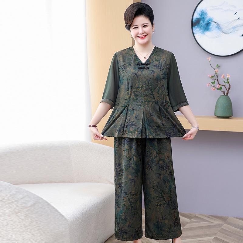 

Летний комплект из двух частей большого размера с китайским принтом для женщин среднего и пожилого возраста XL