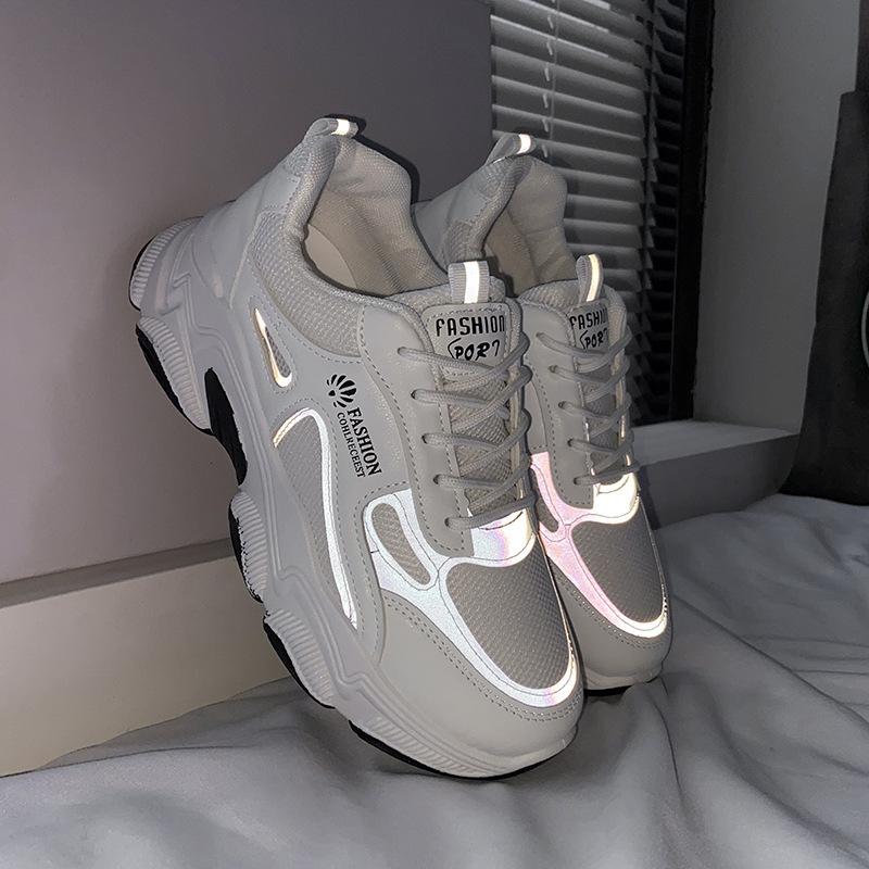 Dad shoes women's ins trendy versatile mesh breathable women's shoes summer dad shoes reflective heightening platform shoes black and white
