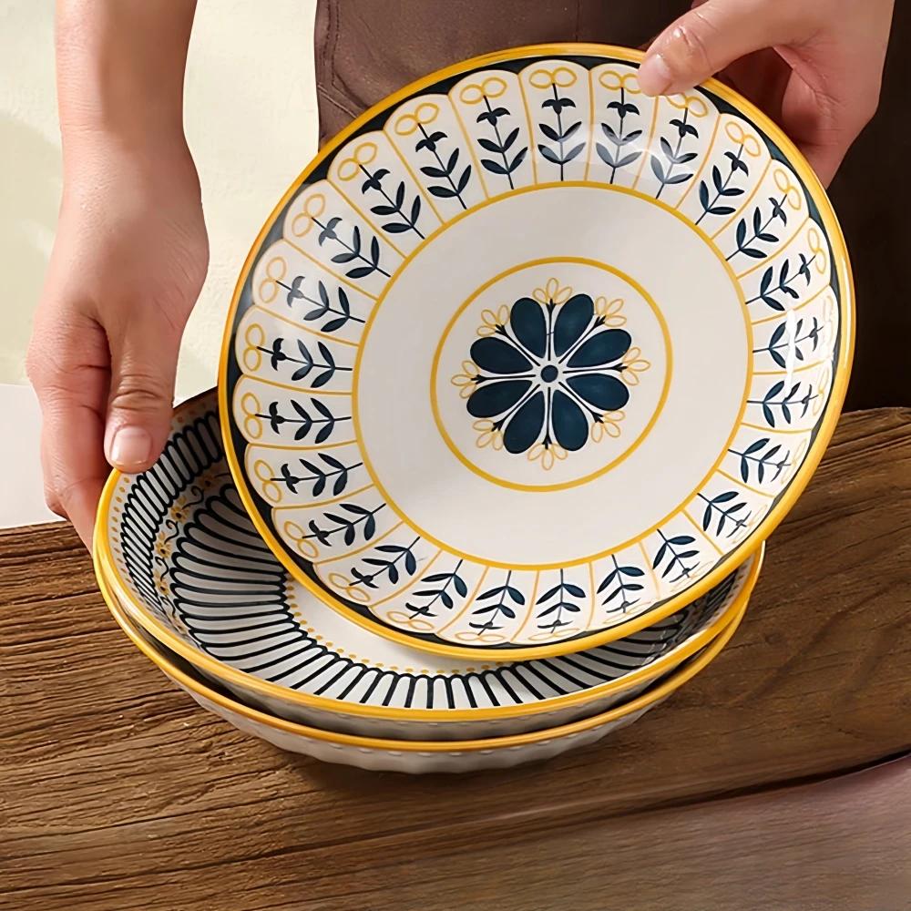 4 pièces assiettes en céramique de 8 pouces, assiettes de service pour table à manger japonaise, assiettes à salade et à pâtes avec motif en relief