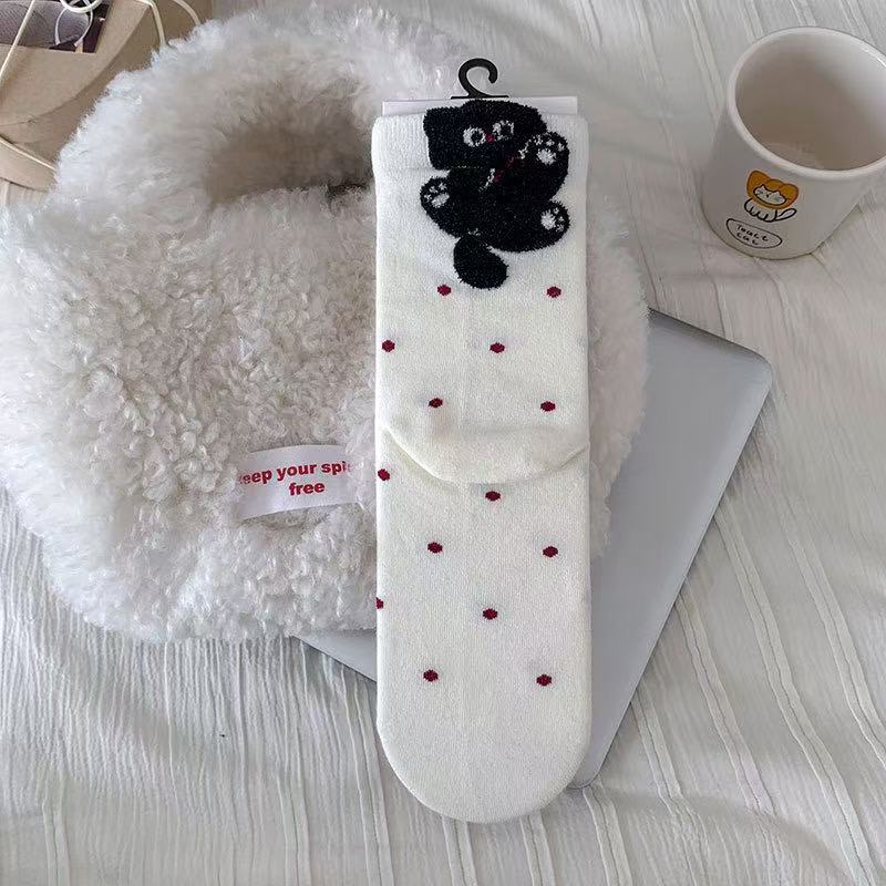Cartoon Kitten Plush Mid-calf Socks, Girls' Pile Socks, College-style Cotton Socks, Cute Outfit Polka Dot Cat Socks