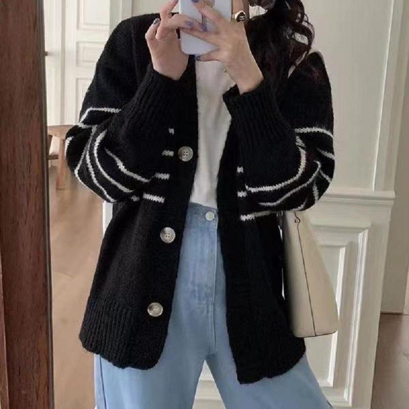 Women's Slimming Knit V-Neck Striped Cardigan - Japanese & Korean Design, Casual & Loose, Autumn/Winter Fashion.