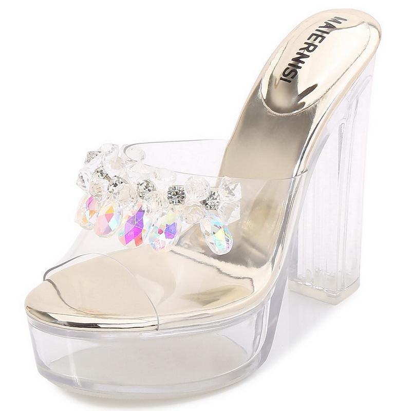 

Sexy Rhinestone Women Crystal Sandals Round Toe High Thick Heel Slide Sandals for Office Nightclub Party Banquet Pub Host Model 42 золотий
