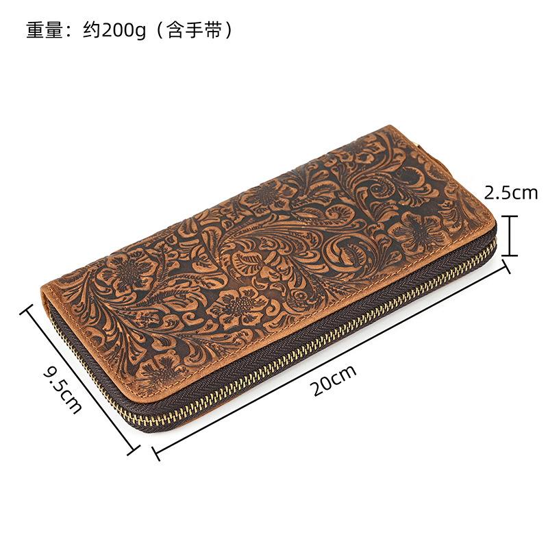 Men'S Crazy Horse Leather Wallet Retro Embossed Fashion Long Wallet Leather Zipper Clutch Multi-Card Mobile Phone Money