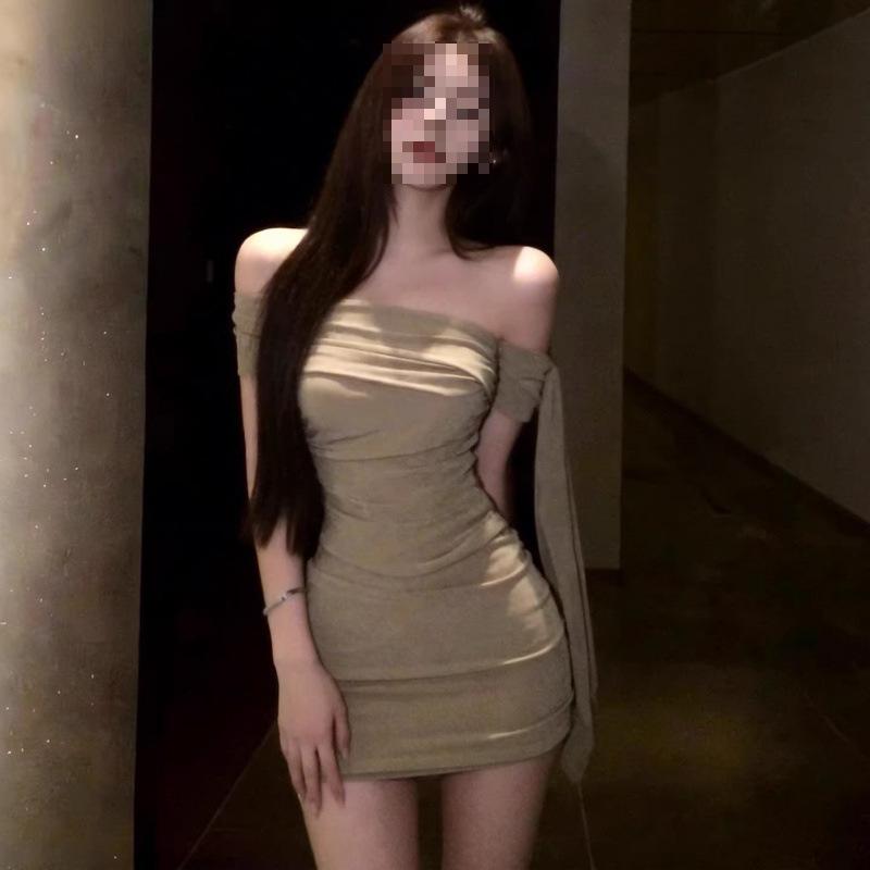 Korean Pure Desire Floating Lace-up Diagonal Collar Off-the-shoulder Short-sleeved Dress Women's Summer New Slim-fitting and Thin Hip-wrapped 
