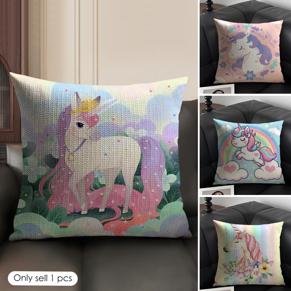 Unicorn Cute Cushion Cover Natural Linen Organic Fabric DoubleSided Printing Sofa Home Decor Gift Pillow Case
