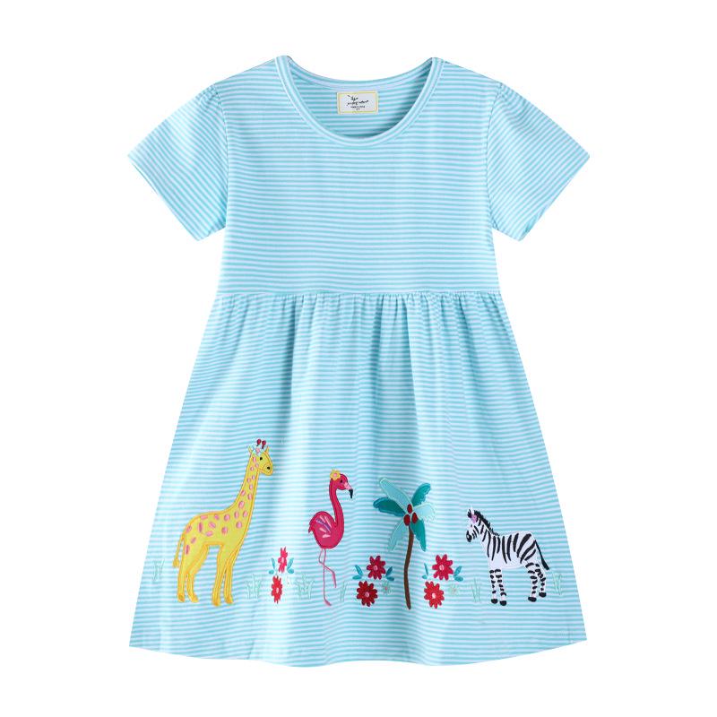 New Spring/Summer Girls' Short-Sleeved Cartoon Embroidered Dresses