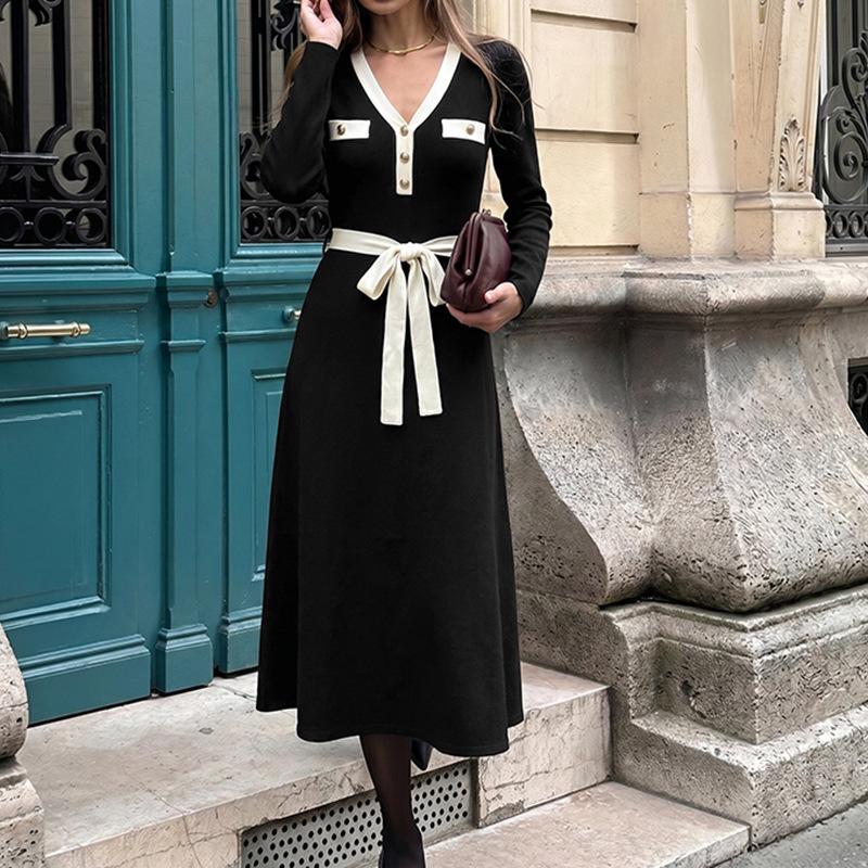Women's Vintage Color Block V-Neck Knitted Midi Dress with Belted Waist for Spring and Autumn S-XL