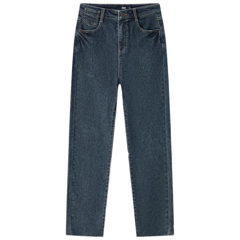 Semir Women's Brushed Fleece Frayed Hem Straight Leg Cropped Jeans