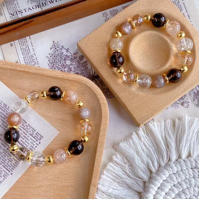 [Ice Gold Spirits] Natuurlijke Goudfolie Lijm Bloemen Armband Melkthee Maanlicht Zwart Goud Ultra Wit Asai Kristal Armband Groothandel