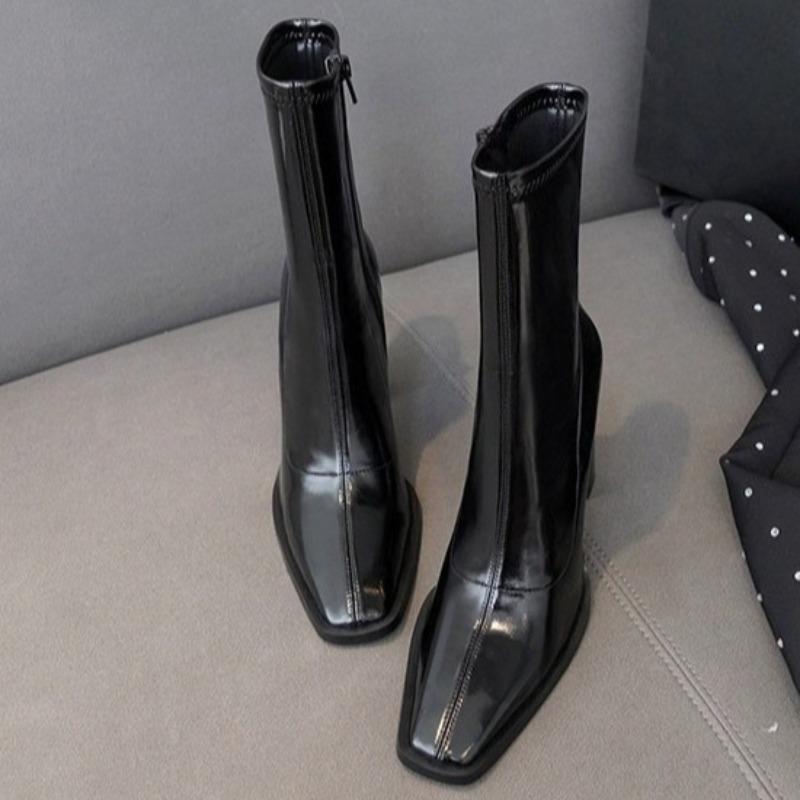 Fashion Side Zip Block Heel Single Boots Women's Fashion Square Toe Side Zip Anti-Slip Wear-Resistant Mid-Tube