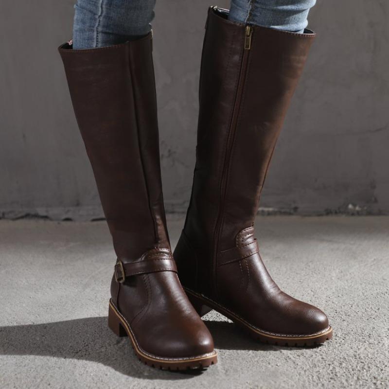 Large Size Thick Heel Long Tube Solid Color Locomotive Boots Women's New Side Zipper Leather Boots Martin Boots