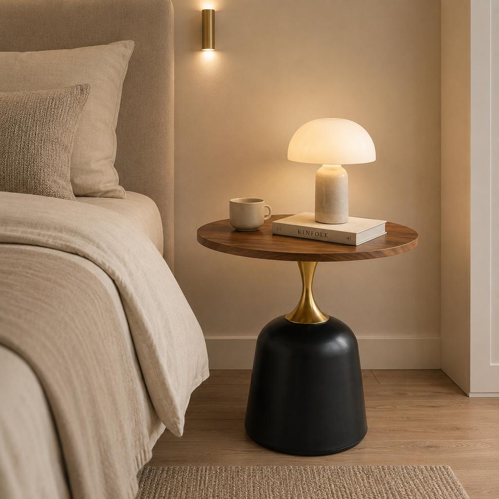 60 cm Round Side Table, Living Room Table with Metal Frame, Simple, Modern Tabletop in Walnut Look, Unique Round Desk for the Bedroom or Next to the