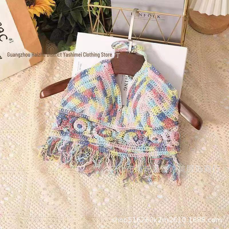 Backless Tassel Knit Bikini Vest with Chest Pad